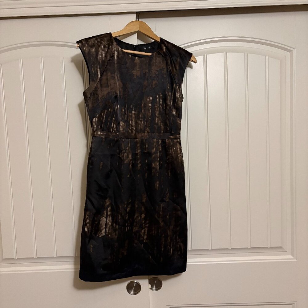 Tahari Black and Brown Abstract Print Dress 0 Back Zip Lined Cocktail Party Midi